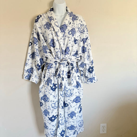 RARE Victoria's Secret Gold Label 80s Vintage White Blue Teapot Print Robe OS - Picture 6 of 15
